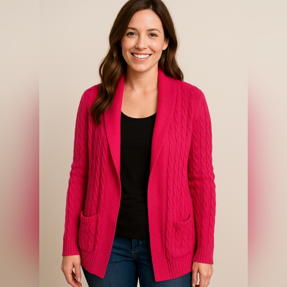 Ralph Lauren‎ Sport Cable Knit Hot Pink Open Style Preppy Cardigan Size Large